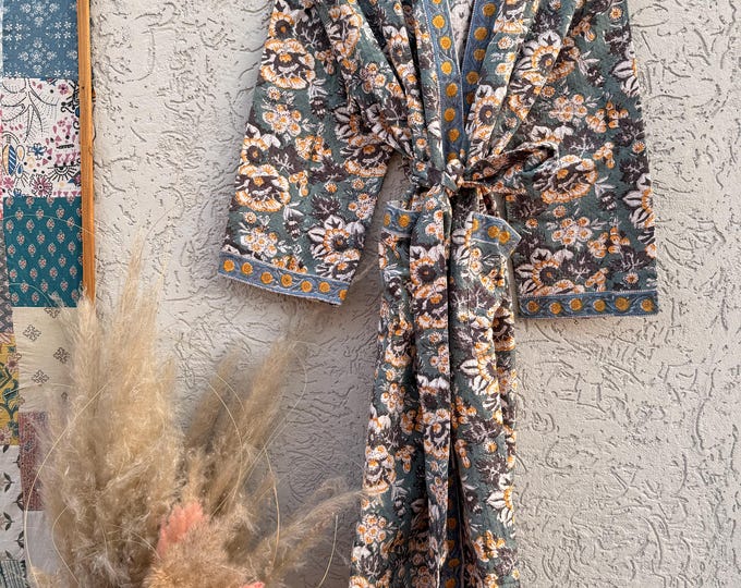 Sage Green & Mustard Floral Block Print Waffle Bathrobe – Handmade Cotton Kimono Robe – Jaipuri Lightweight Spa Robe – Boho Loungewear
