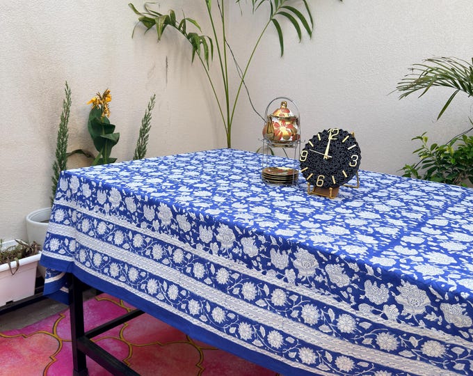 Blue & White Block Print Cotton Tablecloth – Handmade Floral Indian Table Cover – Boho Farmhouse Table Linen – Rectangle Dining Table Decor