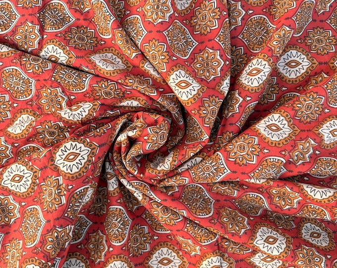 Bagru Block Print Cotton Fabric by Yard, Red Natural Dye Hand Block Printed Fabric, Floral Geometric Indian Textile, Sewing Craft Fabric