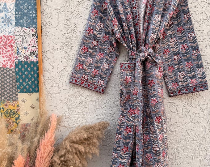 Handmade Block Print Waffle Cotton Bathrobe – Grey & Red Floral Jaipuri Robe – Lightweight Kimono Style Spa Robe – Women’s Lounge Wear Gift