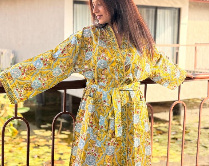 Hand Block Print Cotton Bathrobe, Natural Dye Kimono Robe, Lightweight Spa Robe, Handmade Gift for Her or Him