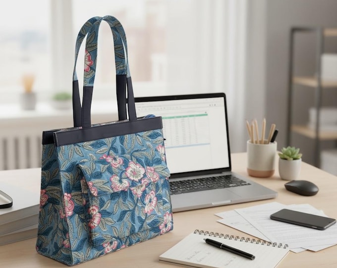 Handmade Block Print Tote Bag, Blue Floral Cotton Shoulder Bag, Waterproof Lining Tote, Multi Pocket Everyday Bag, Travel & Work Organizer