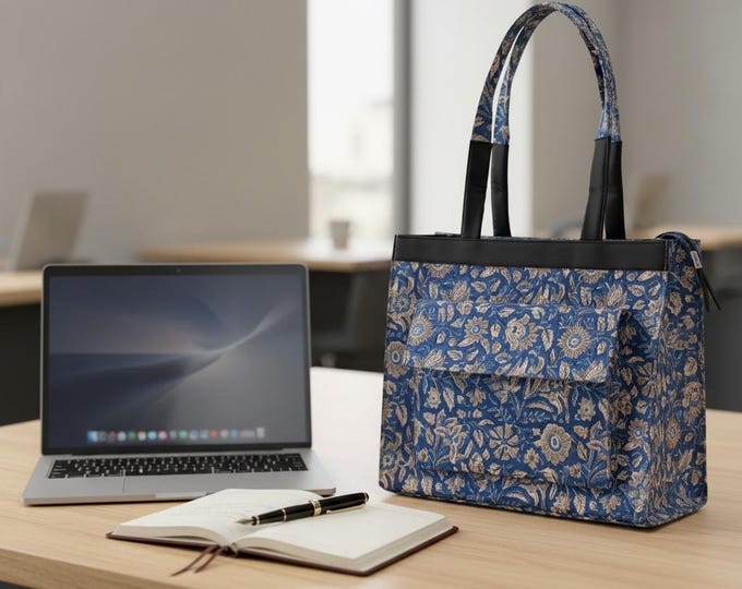 Blue Floral Block Print Tote Bag, Handmade Cotton Handbag, Waterproof Lined Office Bag