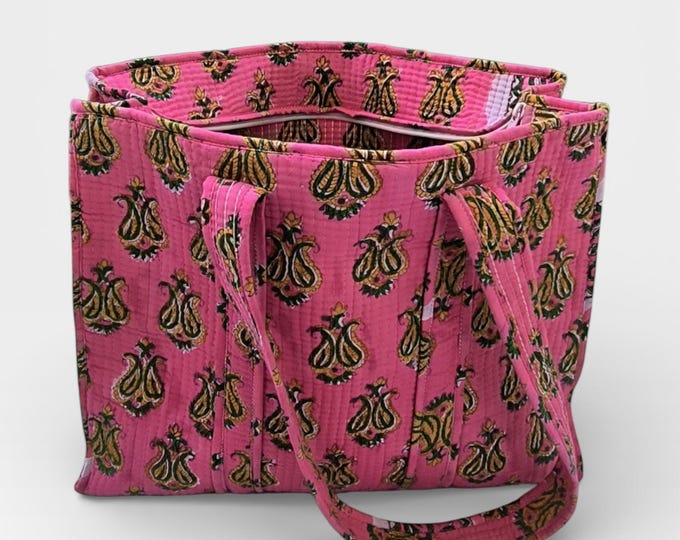 Pink Block Print Quilted Tote Bag, Handmade Cotton Tote, Indian Blockprint Shoulder Bag, Boho Everyday Bag, Reusable Shopping Bag
