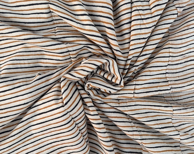 Bagru Hand Block Print Stripe Cotton Fabric – Natural Dye Mustard & Black Stripes – Minimalist Vegetable Dyed Fabric by Yard