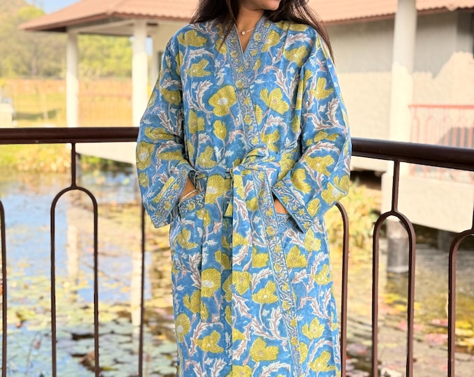 Hand Block Print Cotton Bathrobe, Natural Dye Kimono Robe, Lightweight Spa Robe, Handmade Gift for Her or Him
