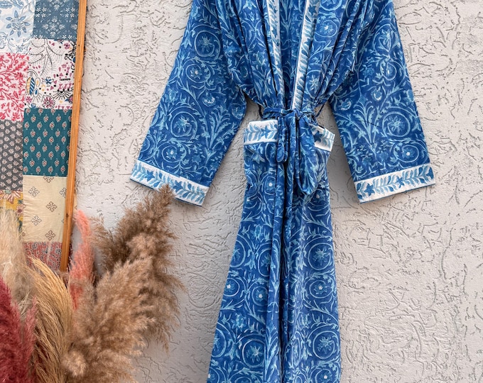 Blue Hand Block Print Cotton Bathrobe – Floral Indian Kimono Robe – Lightweight Spa Robe with Belt & Pockets – Handmade Boho Dressing Gown