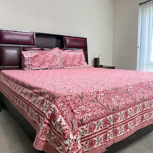 Rosa blommigt blockmönster lakanset | Handgjorda indiska bomullssängkläder | Jaipuri Queen King överkast | Boho Cottagecore sängkläder