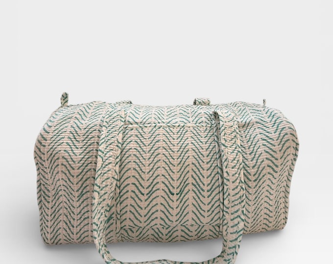 Teal Chevron Block Print Duffle Bag – Handmade Quilted Cotton Weekender Bag – Indian Travel Tote – Lightweight Gym & Overnight Bag