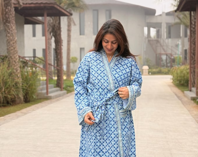 Hand Block Print Waffle Cotton Bathrobe, Lightweight Spa Robe, Natural Dye Kimono Robe, Handmade Unisex Bathrobe, Sustainable Loungewear