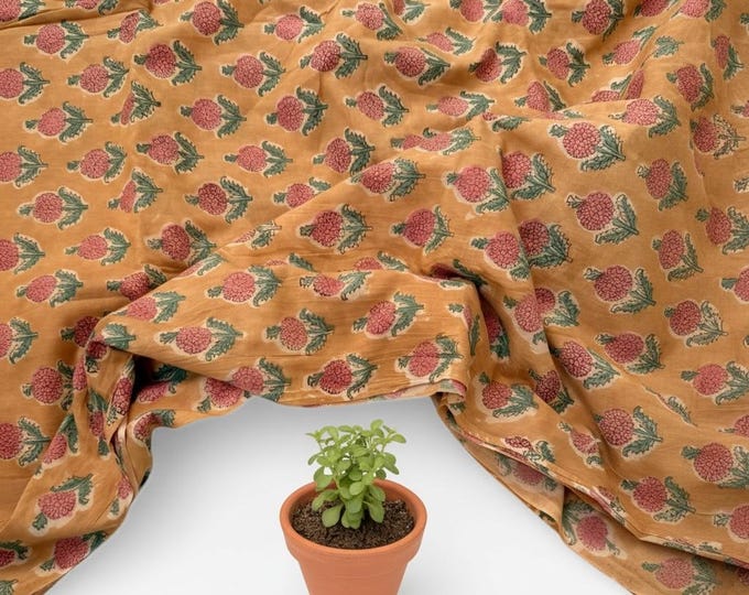 Mustard Floral Hand Block Print Cotton Fabric Indian Buti Print Cambric Fabric by Yard, Small Motif Boho Fabric, Soft Dressmaking & Quilting