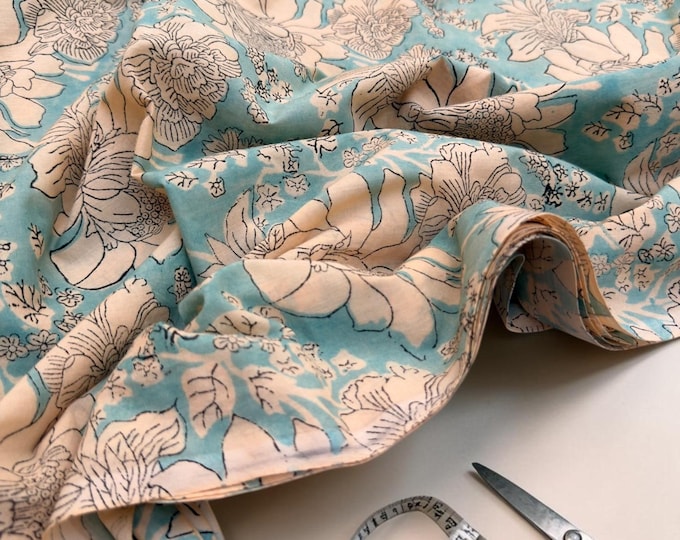 Turquoise Blue Floral Hand Block Print Cotton Fabric – Large Botanical Print Indian Cotton by Yard, Soft Lightweight Dressmaking Fabric