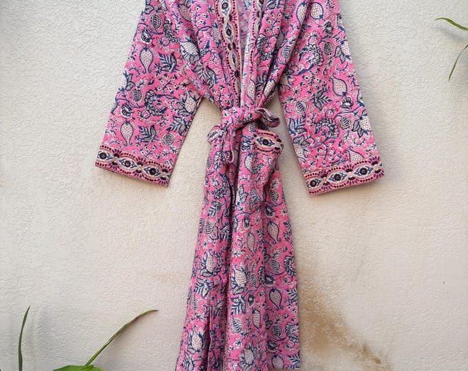 Hand Block Print Waffle Bathrobe for Women | Floral Cotton Kimono Robe | Lightweight Spa Robe | Soft Summer Loungewear | Bridal Gift Robe