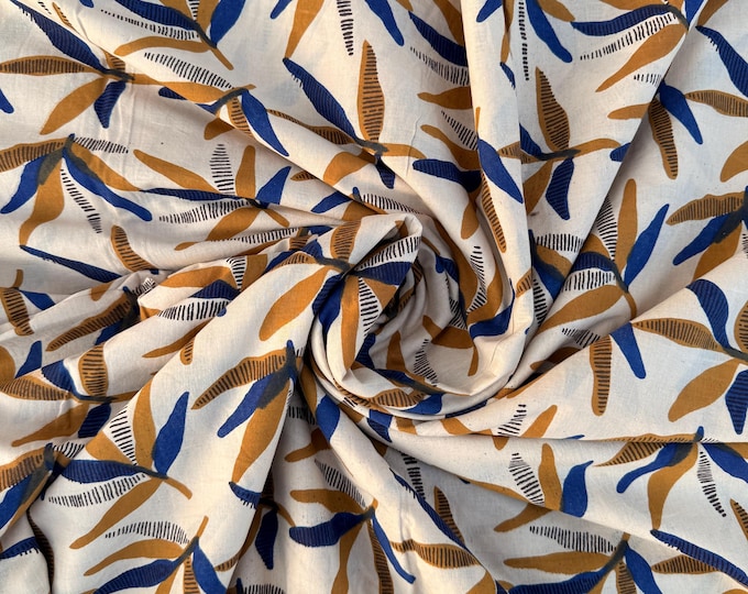 Bagru Block Print Cotton Fabric, Natural Dye Leaf Print Fabric by Yard, Hand Block Printed Indian Textile , Sewing Quilting Craft Fabric