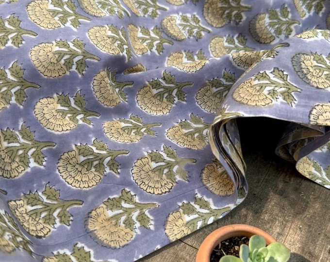 Hand Block Print Cotton Fabric – Soft Lavender Floral Buta Print, Indian Cotton Fabric by Yard, Lightweight Dressmaking Fabric, Boho Textile