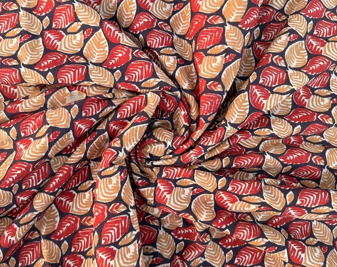 Bagru Block Print Cotton Fabric – Natural Dyed Leaf Print Fabric – Handmade Indian Block print Running Material – Red Mustard on Indigo Base