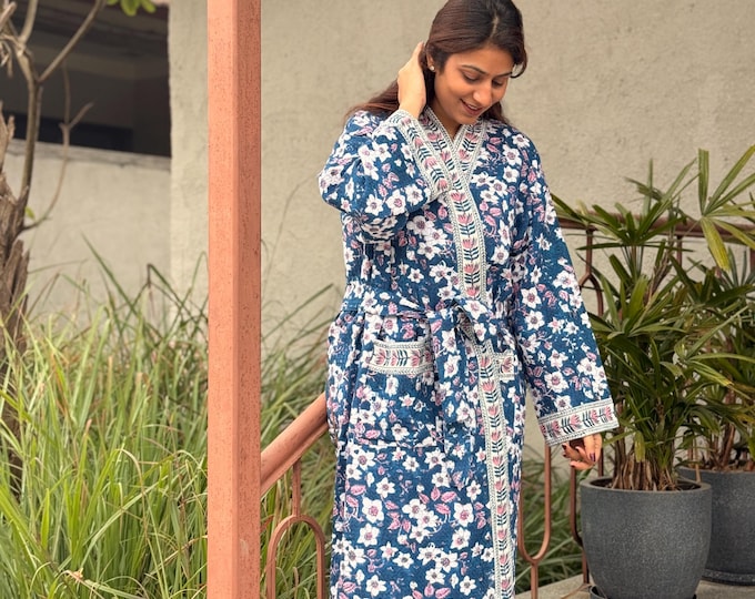 Hand Block Print Waffle Cotton Bathrobe, Lightweight Spa Robe, Natural Dye Kimono Robe, Handmade Unisex Bathrobe, Sustainable Loungewear