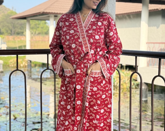 Hand Block Print Cotton Bathrobe, Natural Dye Kimono Robe, Lightweight Spa Robe, Handmade Gift for Her or Him