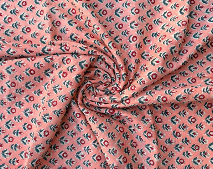 Hand Block Print Cotton Running Fabric, Natural Dye Fabric by the Yard, Handmade Indian Textile, Sewing Craft Fabric