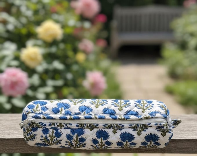 Hand Block Print Pencil Case, Cotton Stationery Pouch, Handmade Zipper Bag, Unique Gift for Students