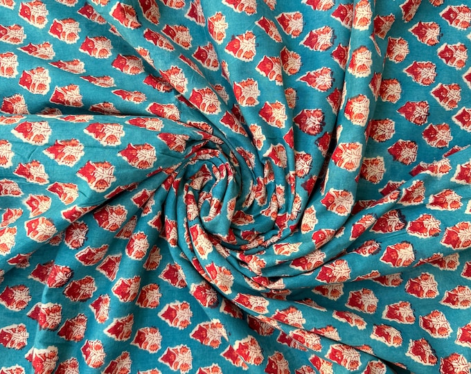 Hand Block Print Cotton Running Fabric, Natural Dye Fabric by the Yard, Handmade Indian Textile, Sewing Craft Fabric