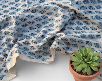 Block Printed Fabric – Blue Floral Buta on Off-White Cotton