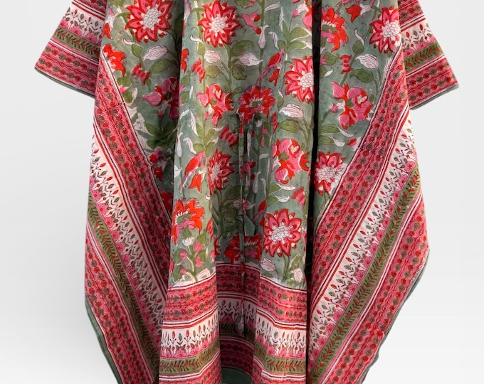 Hand Block Printed Short Cotton Kaftan – Sage Green, Red & Pink Floral | Boho Summer Kaftan Dress, Relaxed Fit Tunic