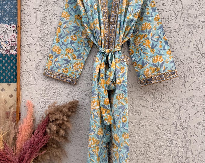 Indian Block Print Cotton Bathrobe | Blue Floral Kimono Robe | Handmade Lightweight Dressing Gown | Soft Cotton Spa Robe