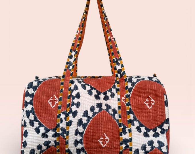 Handmade Jaipuri Block Print Duffle Bag – Quilted Cotton Weekender Bag – Floral Travel Bag – Indian Blockprint Overnight Bag – Gift for Her