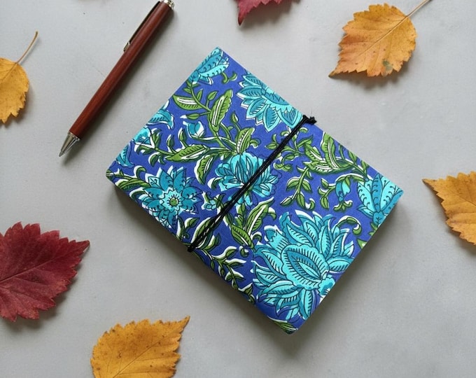 Handmade Blue Floral Block Print Diary | Cotton Fabric Journal | Travel Notebook | Artisan Handmade Notebook | Gift for Writers & Students