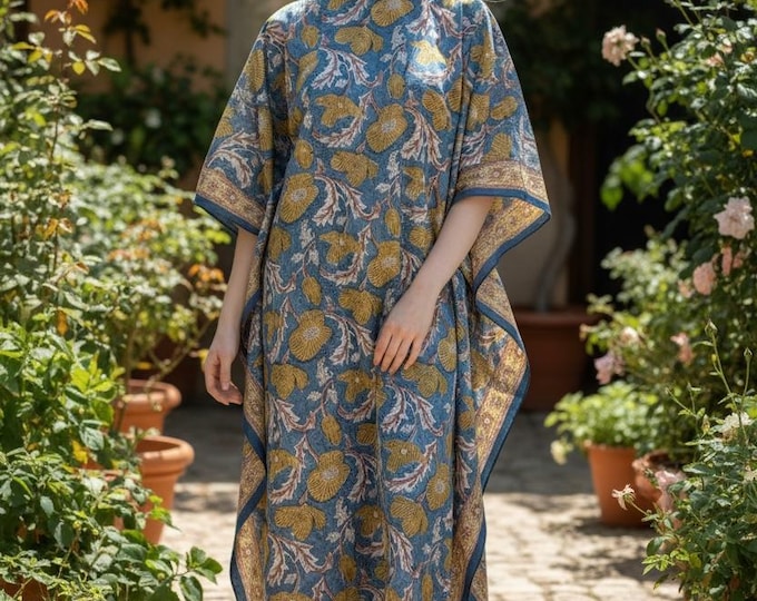 Hand Block Printed Cotton Kaftan - Floral Boho Lounge Dress Kaftan with Drawstring Waist | Indian Summer Dress, Beach & Resort Wear
