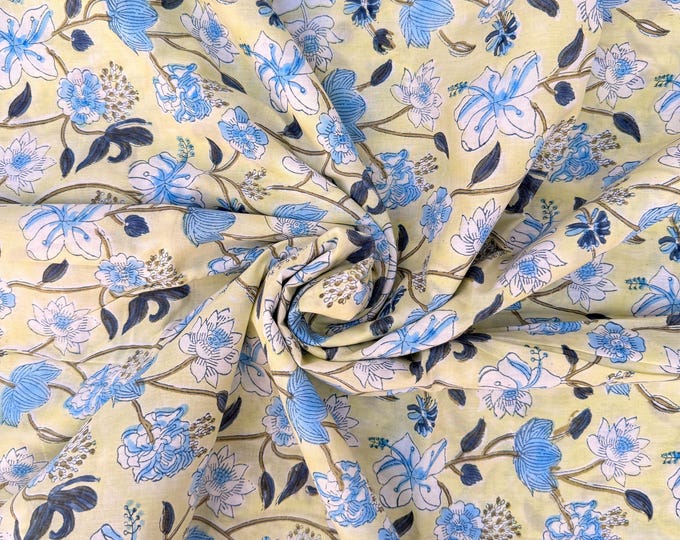 Hand Block Print Cotton Running Fabric, Natural Dye Fabric by the Yard, Handmade Indian Textile, Sewing Craft Fabric