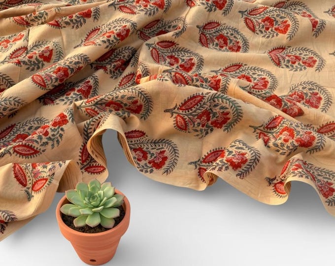 Hand Block Print Dyed Cotton Fabric – Red & Teal Paisley Floral on Cream Base | Indian Buta Print Dressmaking Fabric | Boho Sewing Yardage