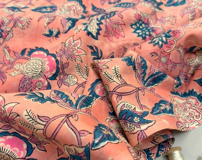 Peach Coral Floral Block Print Cotton Fabric | Pink & Teal Hand Block Printed Fabric | Indian Cotton Boho Textile by Yard  Soft Summer Dress