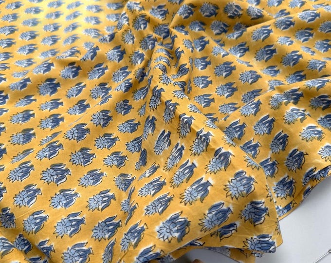 Mustard Yellow & Indigo Blue Floral Block Print Cotton Fabric | Hand Block Printed Indian Cotton | Boho Floral Fabric by Yard