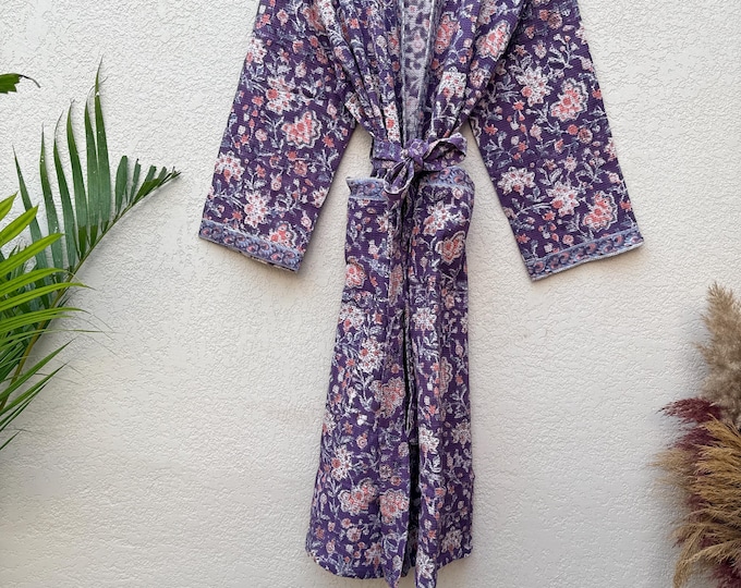 Hand Block Print Waffle Bathrobe for Women | Floral Cotton Kimono Robe | Lightweight Spa Robe | Soft Summer Loungewear | Bridal Gift Robe