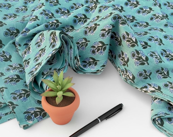 Hand Block Printed Cotton Fabric – Aqua Blue Base with Indigo Floral Motif | Indian Blockprint Running Fabric for Sewing, Quilting & Crafts