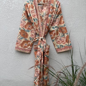 Block Print Bathrobe, Lightweight Cotton Kimono with Floral Design