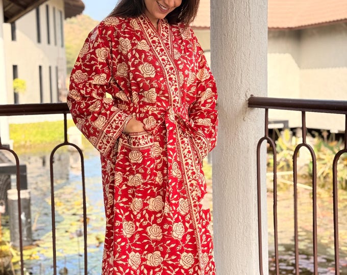 Hand Block Print Cotton Bathrobe, Natural Dye Kimono Robe, Lightweight Spa Robe, Handmade Gift for Her or Him