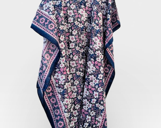 Hand Block Printed Cotton Kaftan – Navy Blue Floral with Pink Border | Indian Cotton Kaftan Dress, Boho Lounge Wear, Beach Cover Up