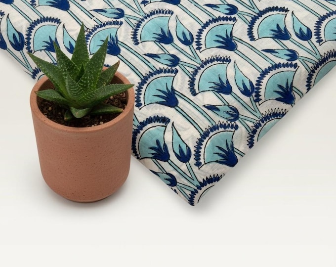 Blue Floral Hand Block Print Cotton Fabric by Yard, Indian Blockprint Fabric, Natural Dye Soft Cotton Fabric for Dresses, Quilting & Sewing