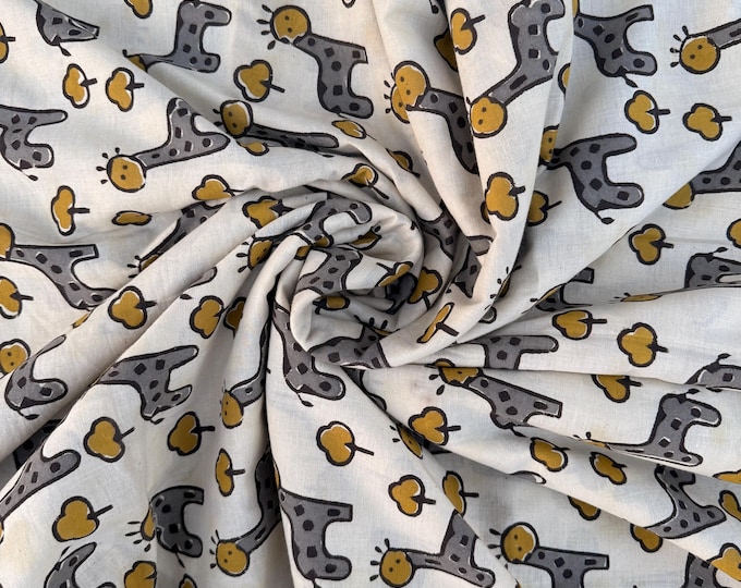 Bagru Hand Block Print Cotton Fabric – Natural Dye Cute Giraffe Print – Kids Animal Print Fabric – Vegetable Dyed Indian Cotton by Yard