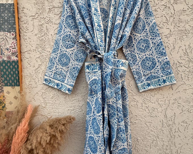 Blue & White Block Print Cotton Waffle Bathrobe – Handmade Jaipuri Kimono Robe – Lightweight  Dressing Gown – Bridesmaid Gift – Spa Robe