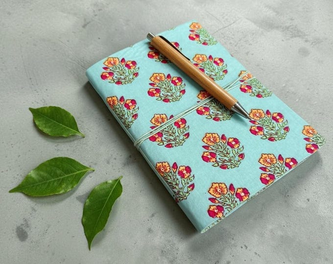 Handmade Floral Block Print Diary | Cotton Fabric Journal | Light Blue Notebook | Travel Journal | Artisan Handmade Gift for Writers