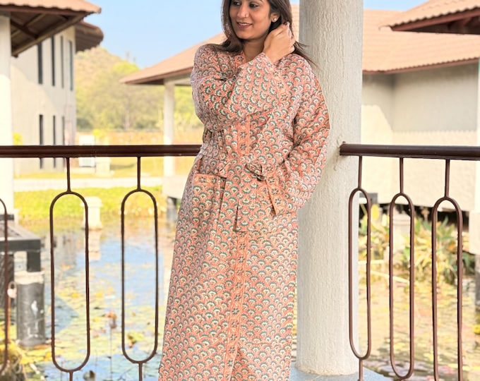 Hand Block Print Cotton Bathrobe, Natural Dye Kimono Robe, Lightweight Spa Robe, Handmade Gift for Her or Him