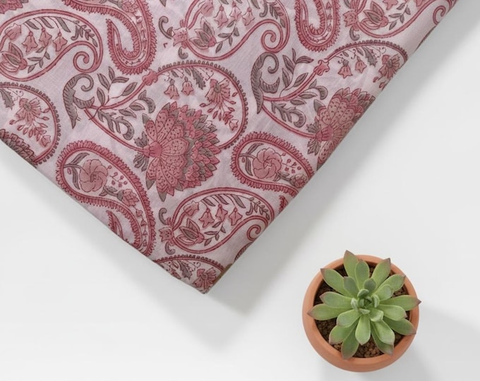 Pink Paisley Hand Block Print Cotton Fabric, Indian Floral Cambric Fabric by Yard, Soft Romantic Boho Textile, Dressmaking & Home Decor