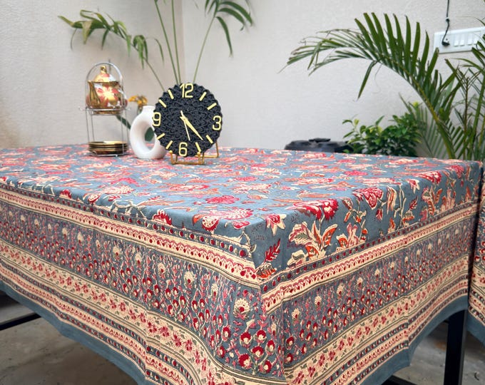 Handmade Block Print Cotton Tablecloth – Blue Floral Indian Table Cover – Rectangular Farmhouse Dining Table Linen – Cotton Sheeting Fabric