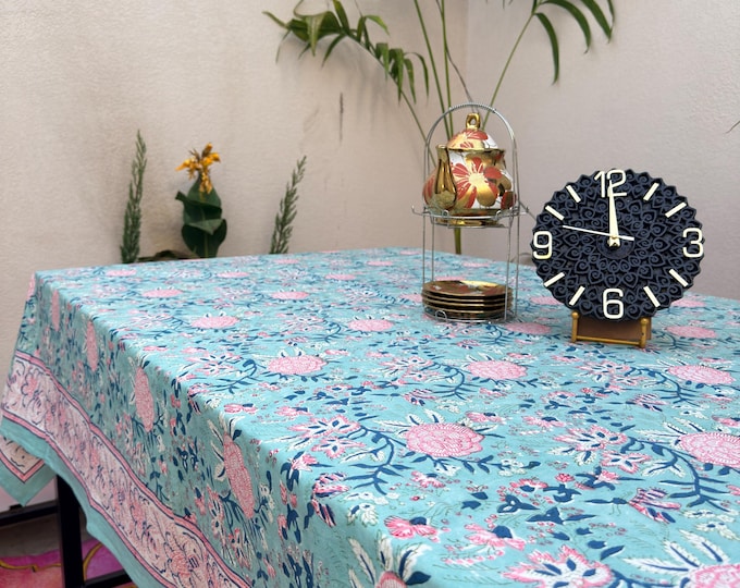 Turquoise Floral Block Print Cotton Tablecloth | Hand Block Printed Jaipur Table Cover | Rectangular Dining Tablecloth | Boho Home Decor