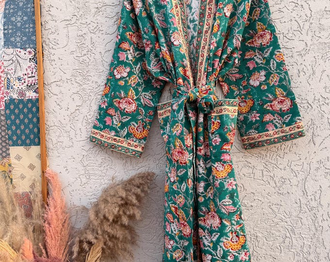 Green Floral Block Print Waffle Bathrobe – Handmade Cotton Kimono Robe – Jaipuri Lightweight Spa Robe – Boho Bridal Gift