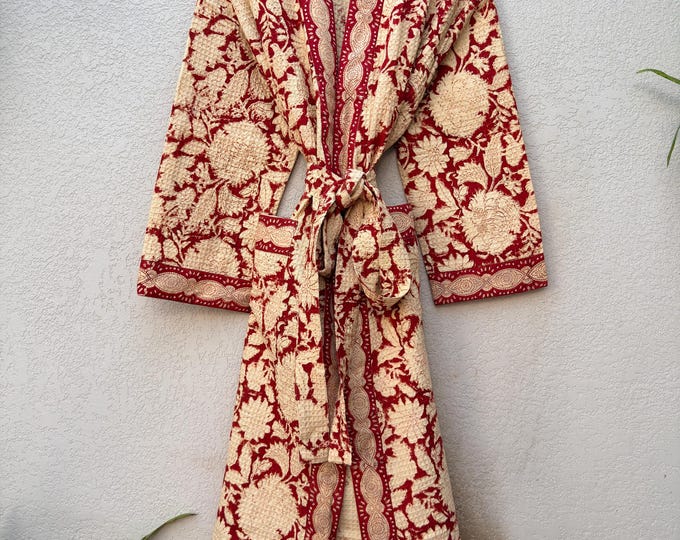 Hand Block Print Waffle Bathrobe for Women | Floral Cotton Kimono Robe | Lightweight Spa Robe | Soft Summer Loungewear | Bridal Gift Robe